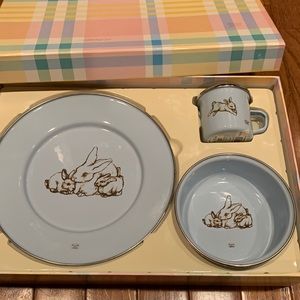 Golden Rabbit baby blue toddler dish set w/plate, covered bowl & cup with handle